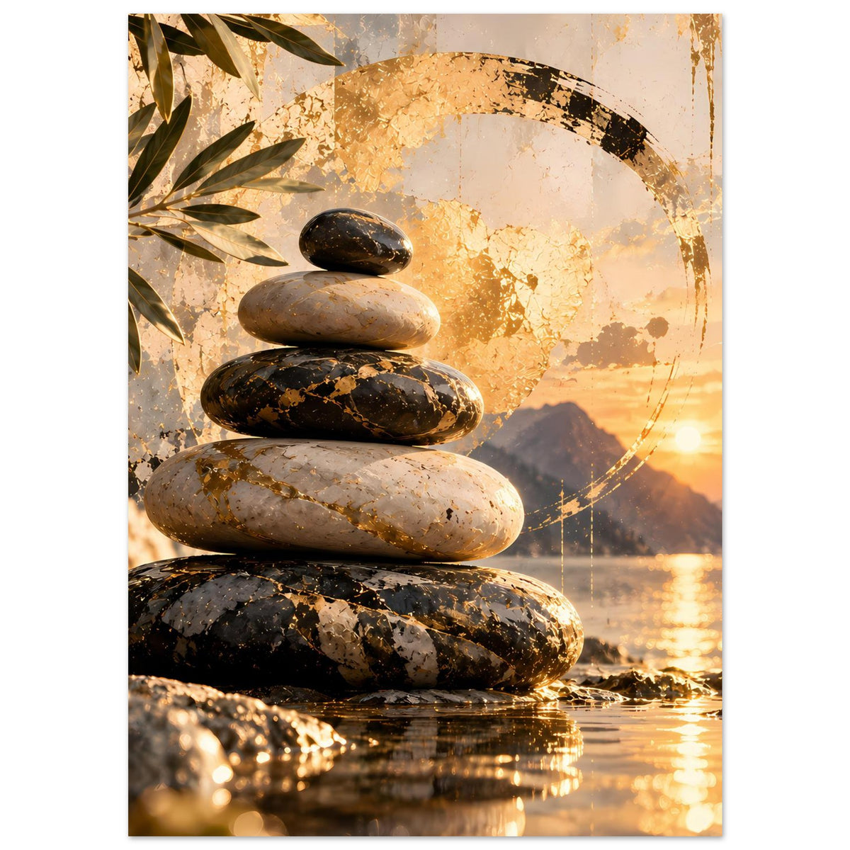 Zen-Poster mit Steinsäule und reflektierendem Wasserstreifen, warmes Sonnenlicht im Motiv