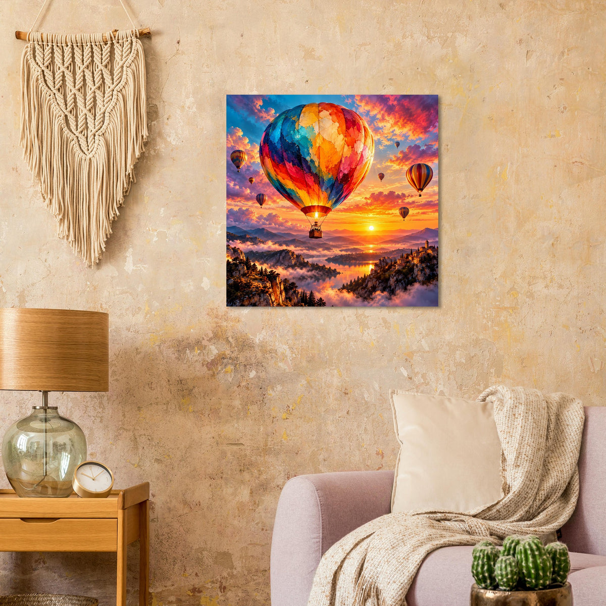 Quadratisches gerahmtes Poster mit Heißluftballon und Sonnenuntergang, bunte Ballonlandschaft