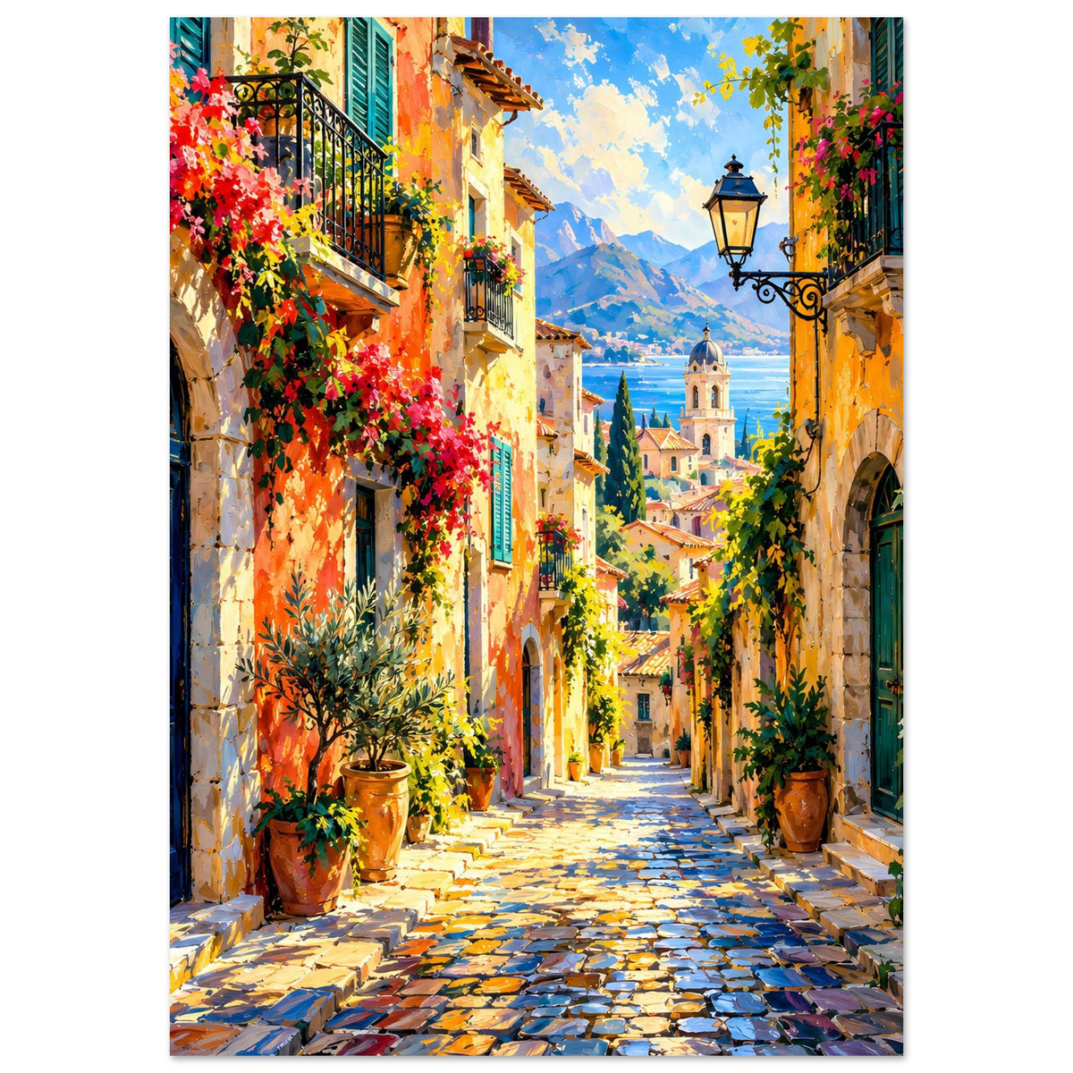 Hochformat-Gasseposter mit gepflasterter Gasse, Topfpflanzen in Steinwänden, Laterne und Kirche.