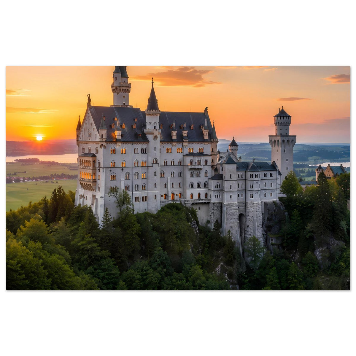 Kunstposter mit Schloss im Sonnenuntergang, weißes Mauerwerk und Türme über dunklem Wald