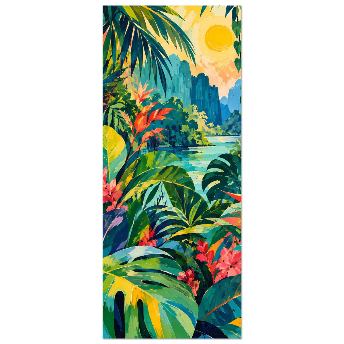 Hochformat-Poster mit tropischem Dschungelmotiv: Palmenblätter, Sonne und Fluss, auf Papier gedruckt