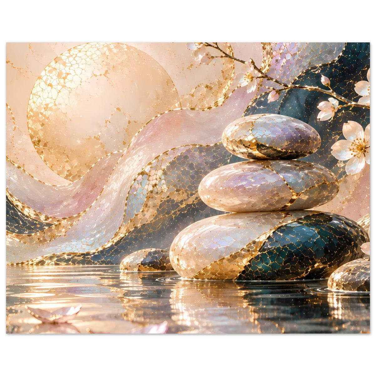 Poster im Querformat: goldene Verzierungen, glatte Steine und florale Details