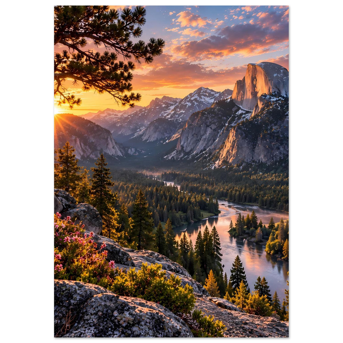 Wandposter im Hochformat: Sonnenaufgang über Bergen, Felsen, Tannen und Talfluss