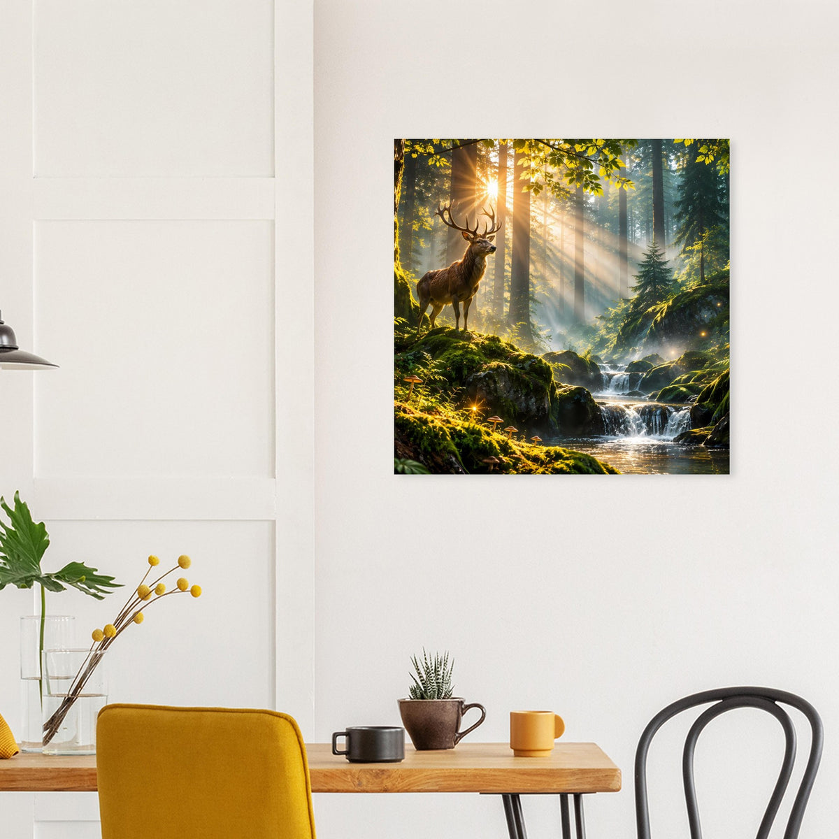 Quadratisches Poster zeigt Hirsch im Wald mit Sonnenstrahlen und Wasserlauf