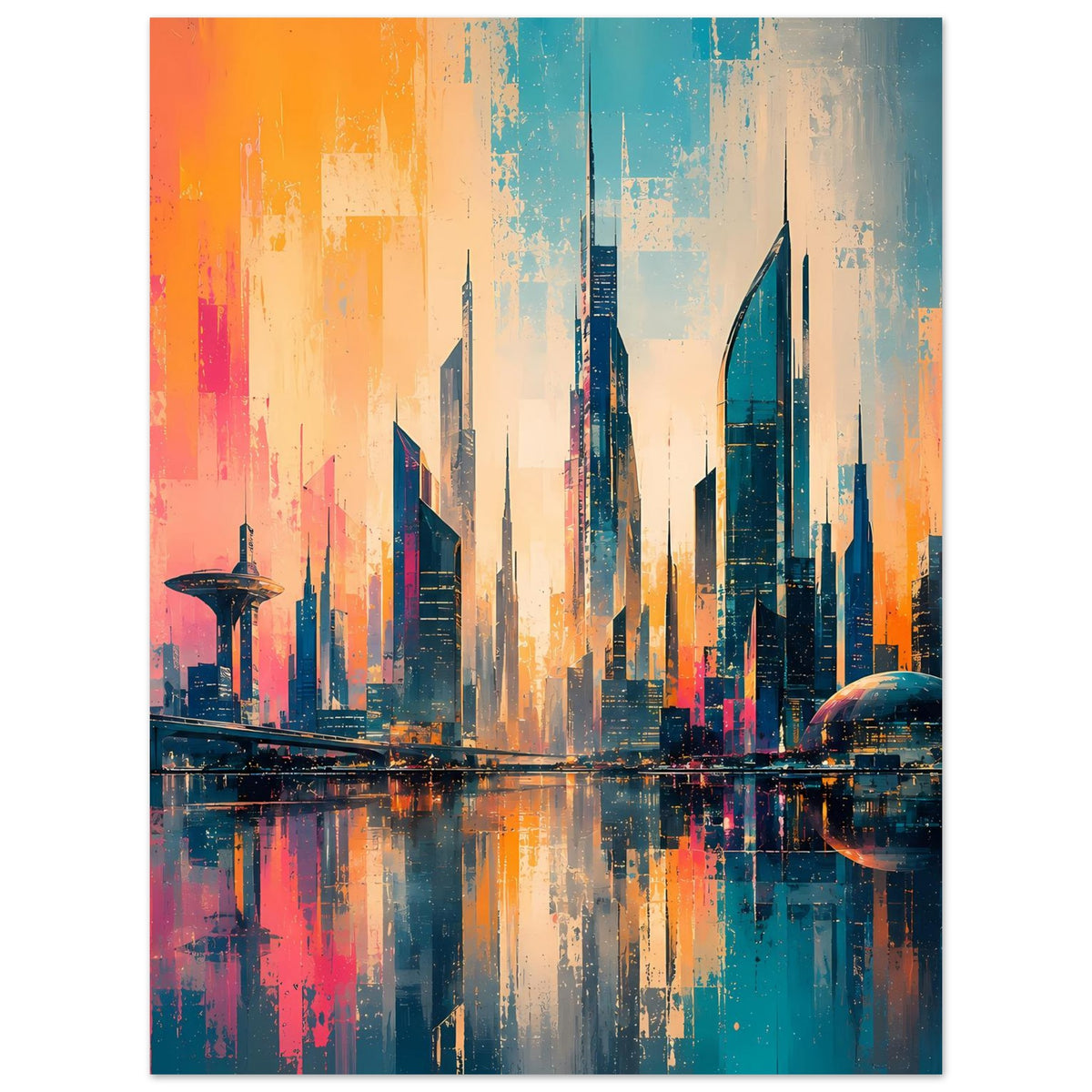 Hochformat-Stadtpanorama-Poster mit futuristischen Wolkenkratzern, Spiegelung im Wasser, Orange und Blau.