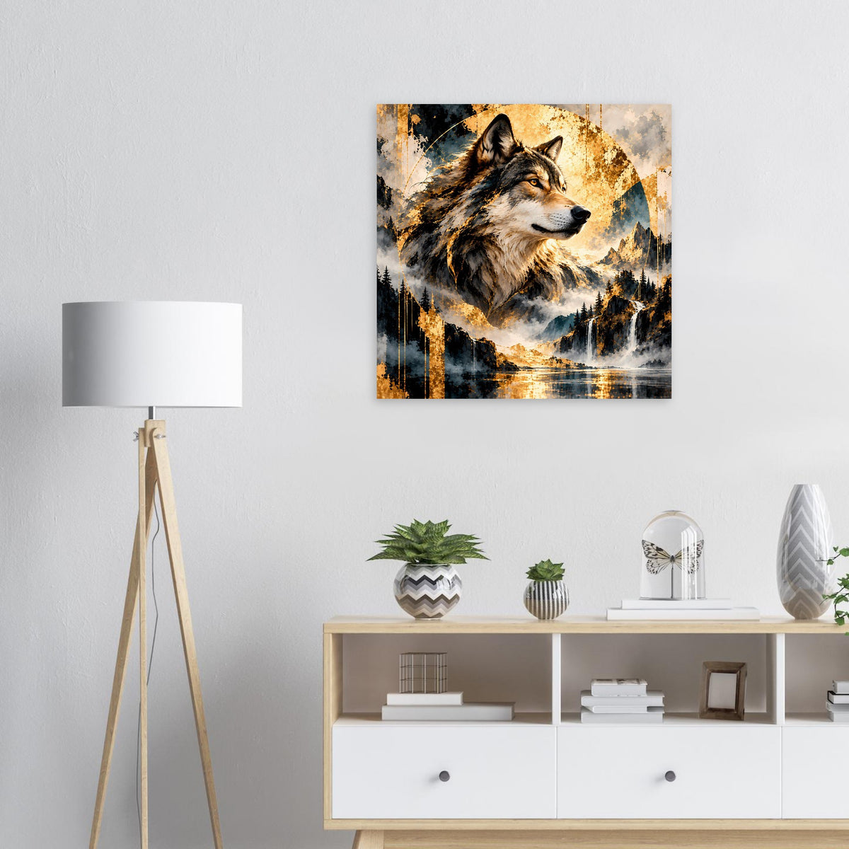 Wolfs-Poster mit goldenem Farbverlauf: dunkler Wolf im Wald, runder Himmel im Hintergrund