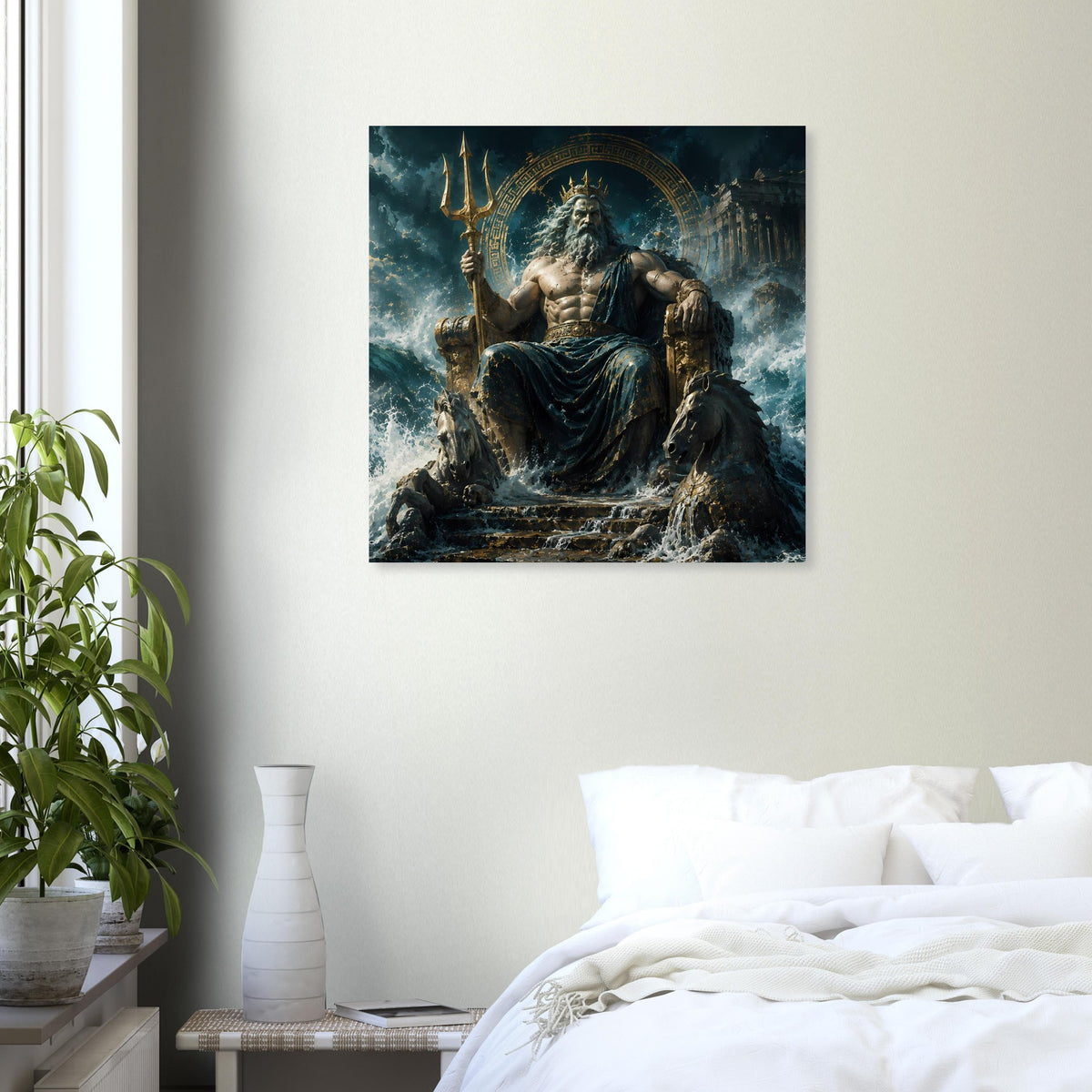 Wandposter mit Meeresgott-Figur auf Thron, goldener Dreizack, Pferde, blau-grün.