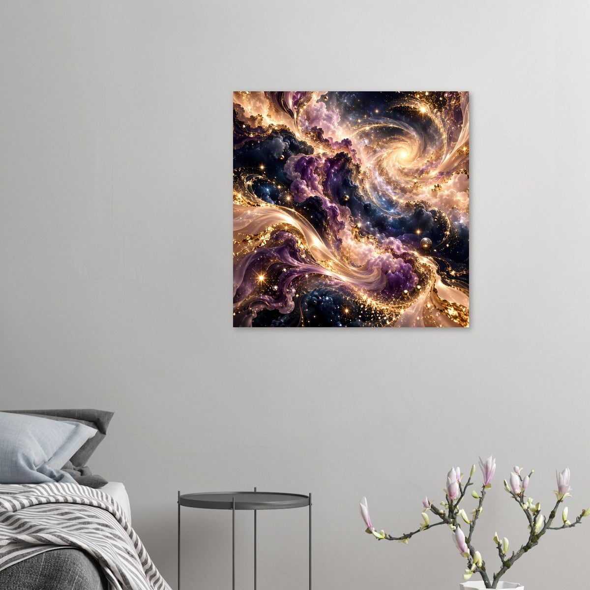 Kleiner Kunstdruck mit Weltraumspirale in Violett und Gold, umgeben von Sternen