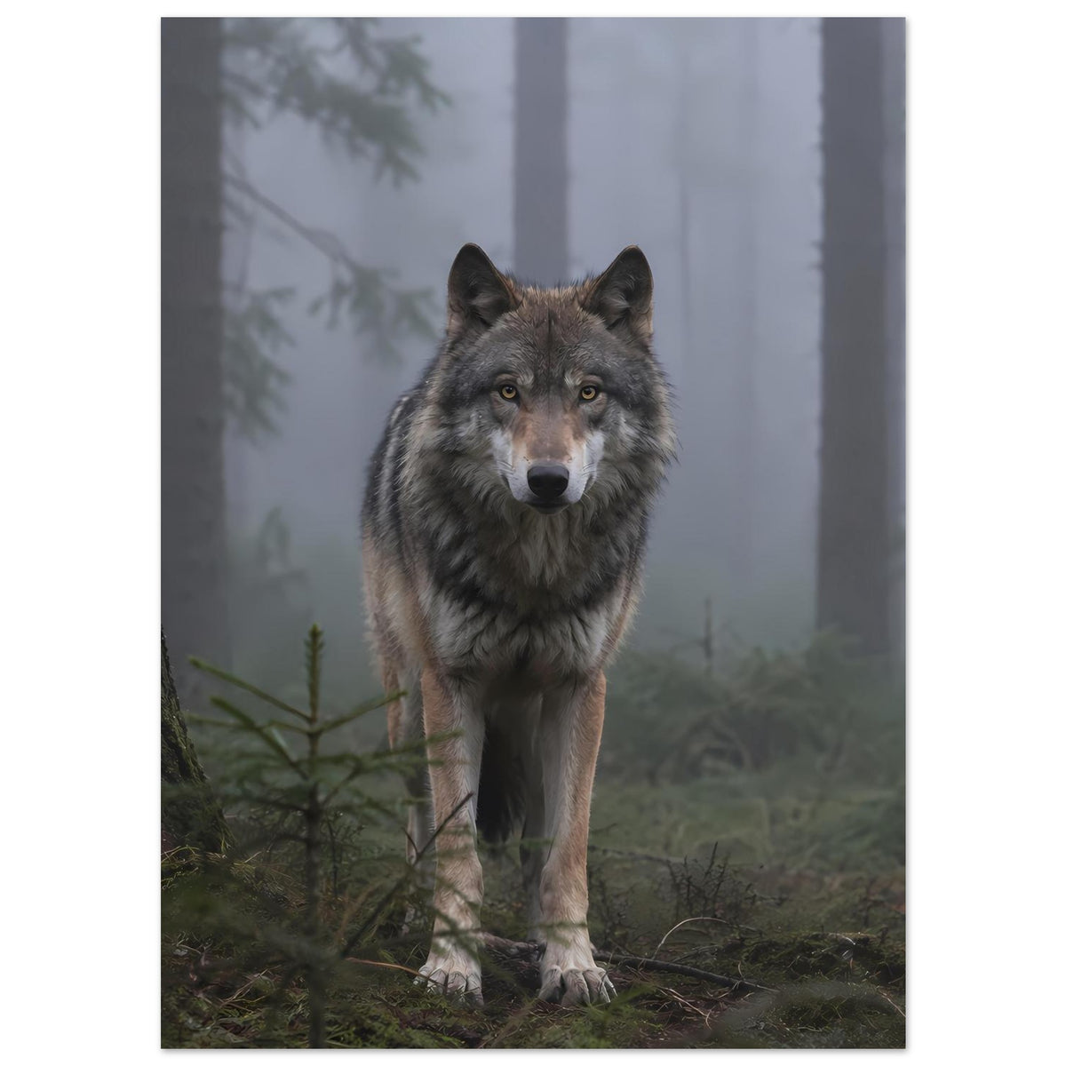 Hochkant-Poster mit grauem Wolf im Wald, zentriert, schaut geradeaus