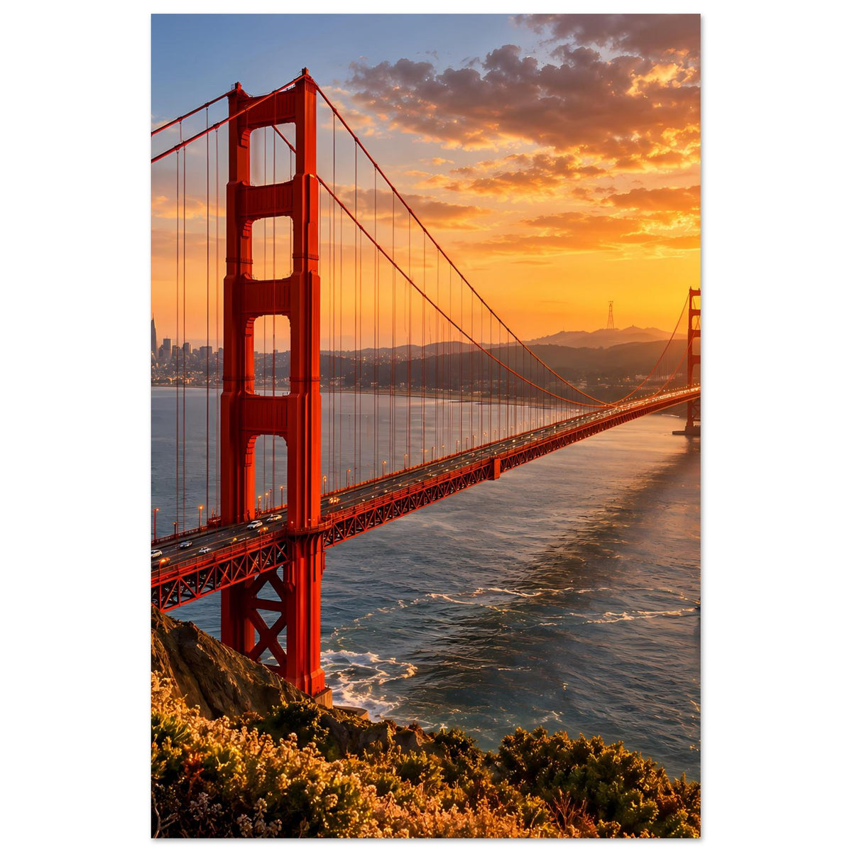 Vertikales Poster mit roter Hängebrücke (Golden Gate) und Sonnenuntergang am Ufer