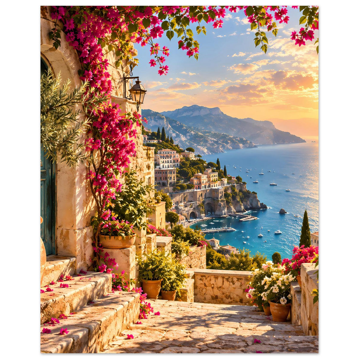 Poster mit Häusern am Meer und Sonnenuntergang, flankiert von blühenden Sträuchern