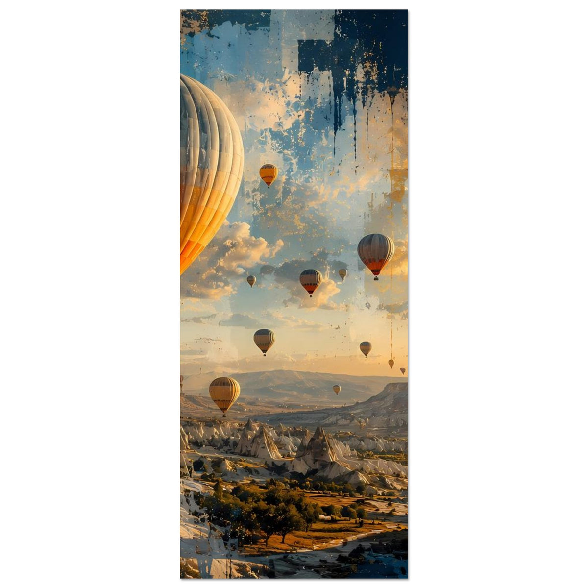 Posterdruck (hochkant) mit Heißluftballons über einer Landschaft aus Bergen und Tälern