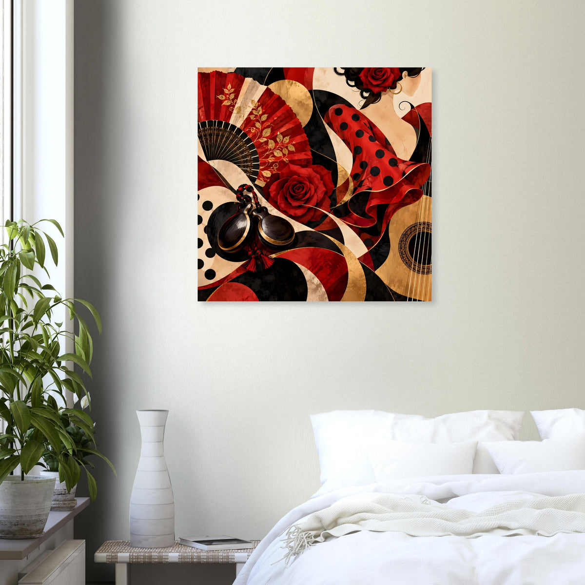 Quadratisches Poster im Flamenco-Look: rote Rosen, Fächer und beige-schwarze Linien.