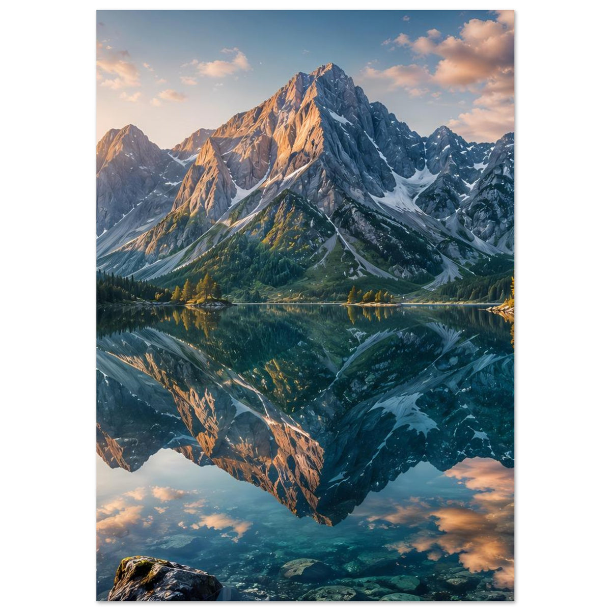 Hochformatiges Landschaftsposter mit Gebirgsmotiv und spiegelndem See, dramatisches Licht