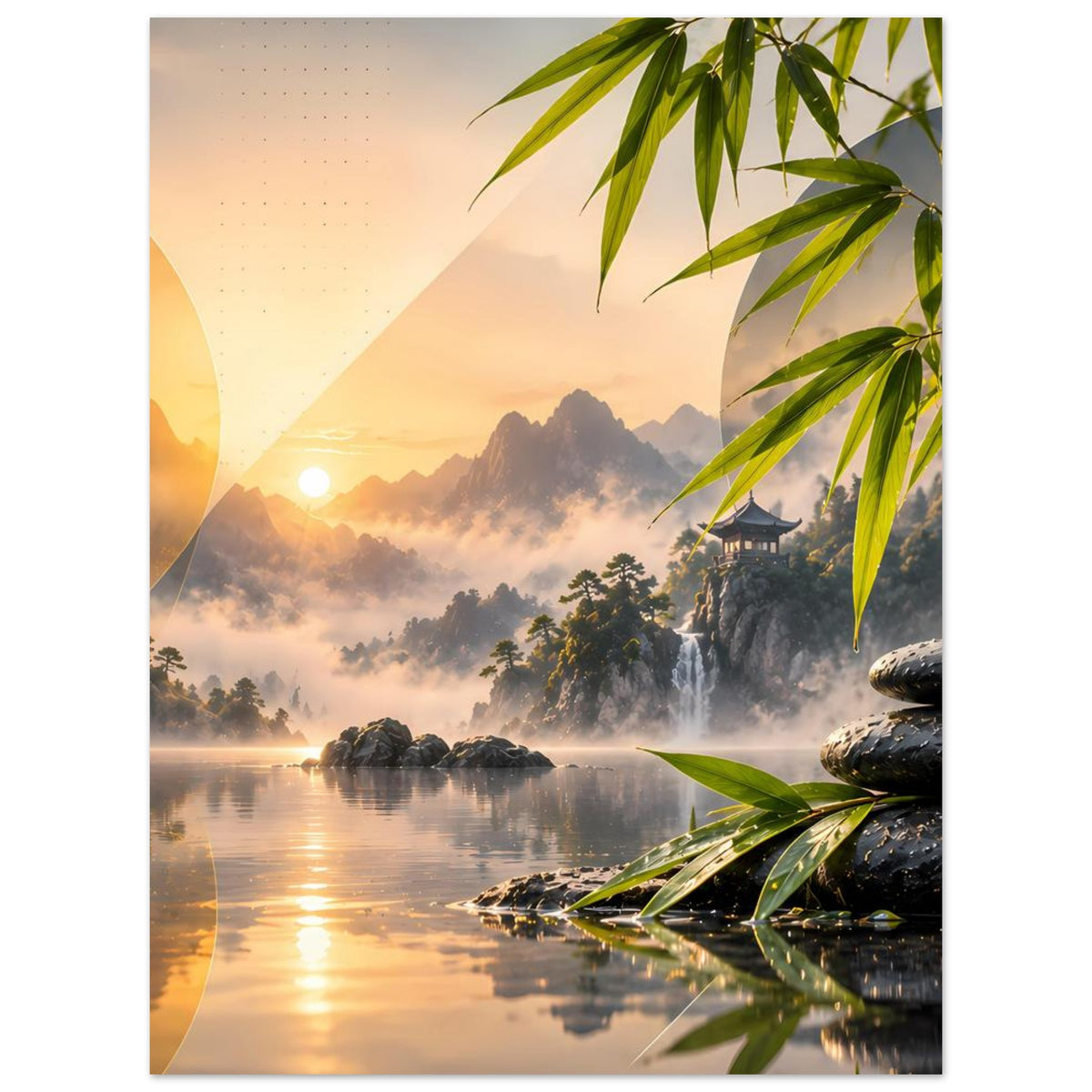 Zen-Landschafts-Poster mit Bambusblättern, Sonnenaufgang über See und gestapelten Steinen