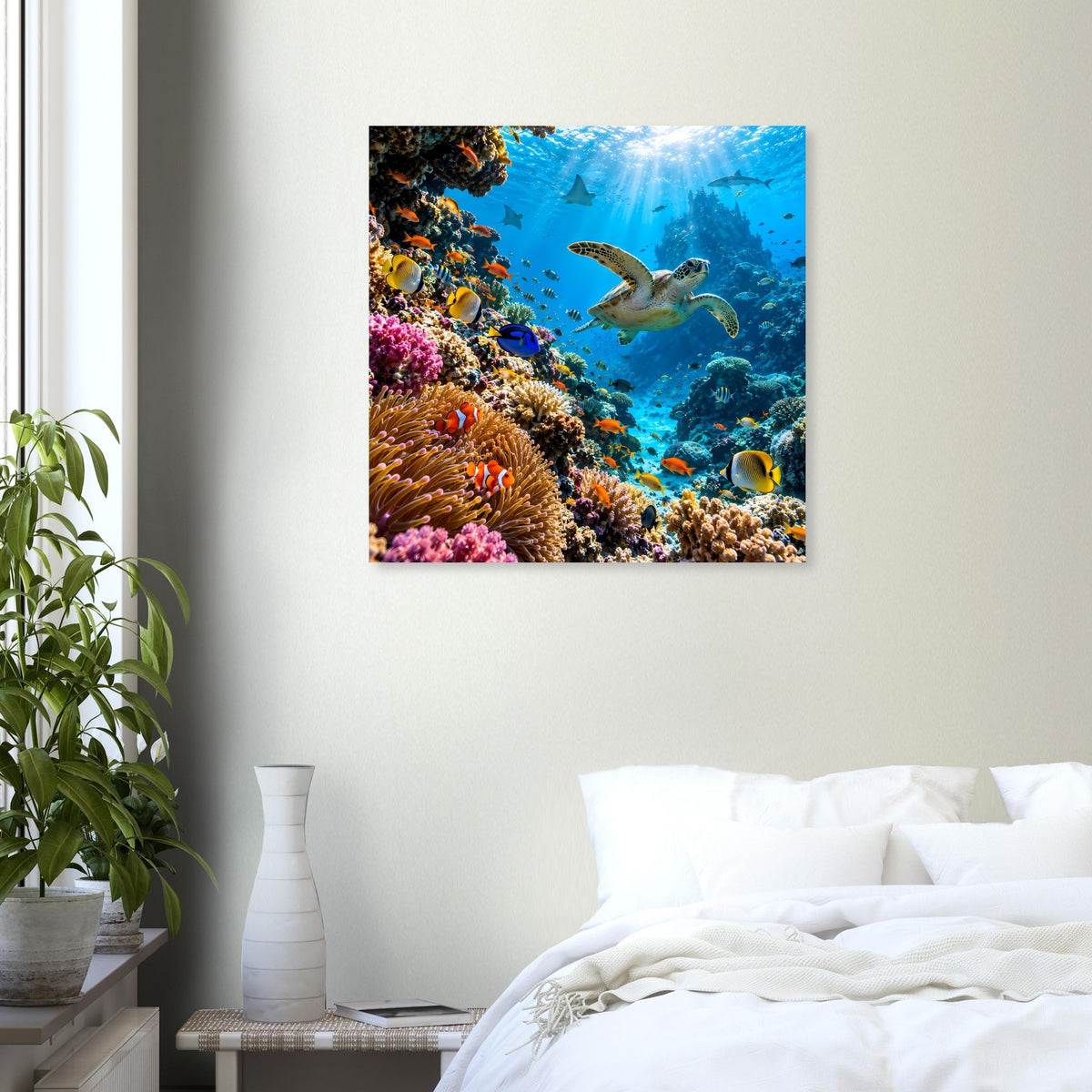 Poster mit Korallenriff, Meeresschildkröte und Blick in die Blautiefe