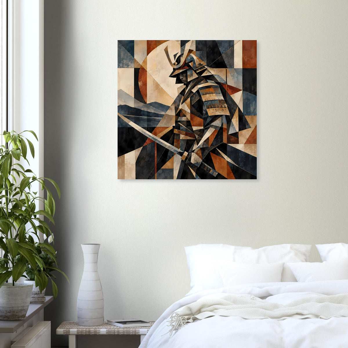 Geometrisches Samurai-Krieger-Poster mit Schwert, in Braun-, Grau- und Blautönen