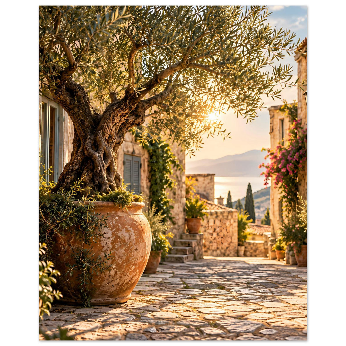 Mediterranes Poster: Olivenbaum im großen Tontopf, gepflasterter Weg, mediterrane Gasse.