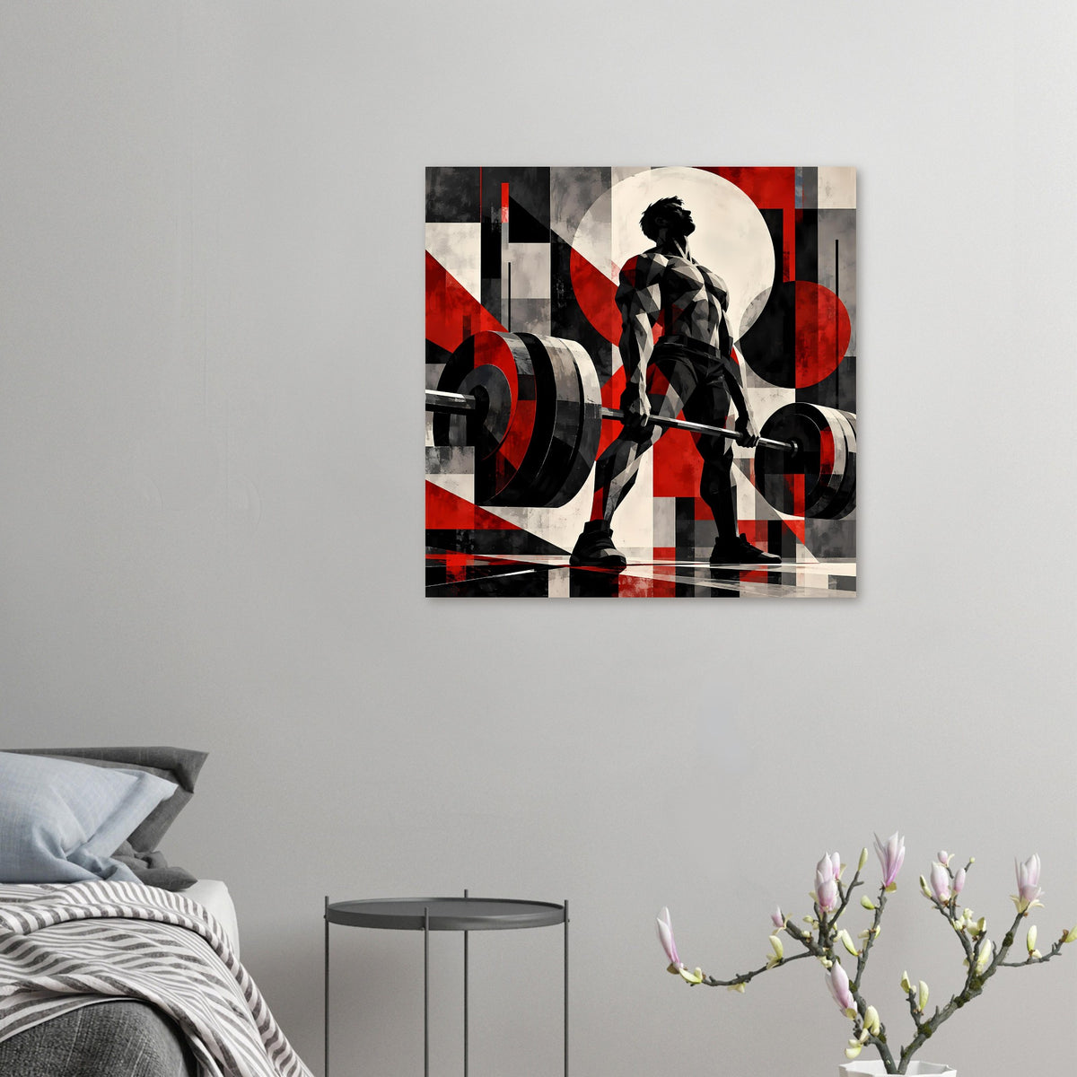 Fitnessposter klein an der Wand: Kraftsport-Silhouette mit Hantel, Schwarz-Rot-Grafik