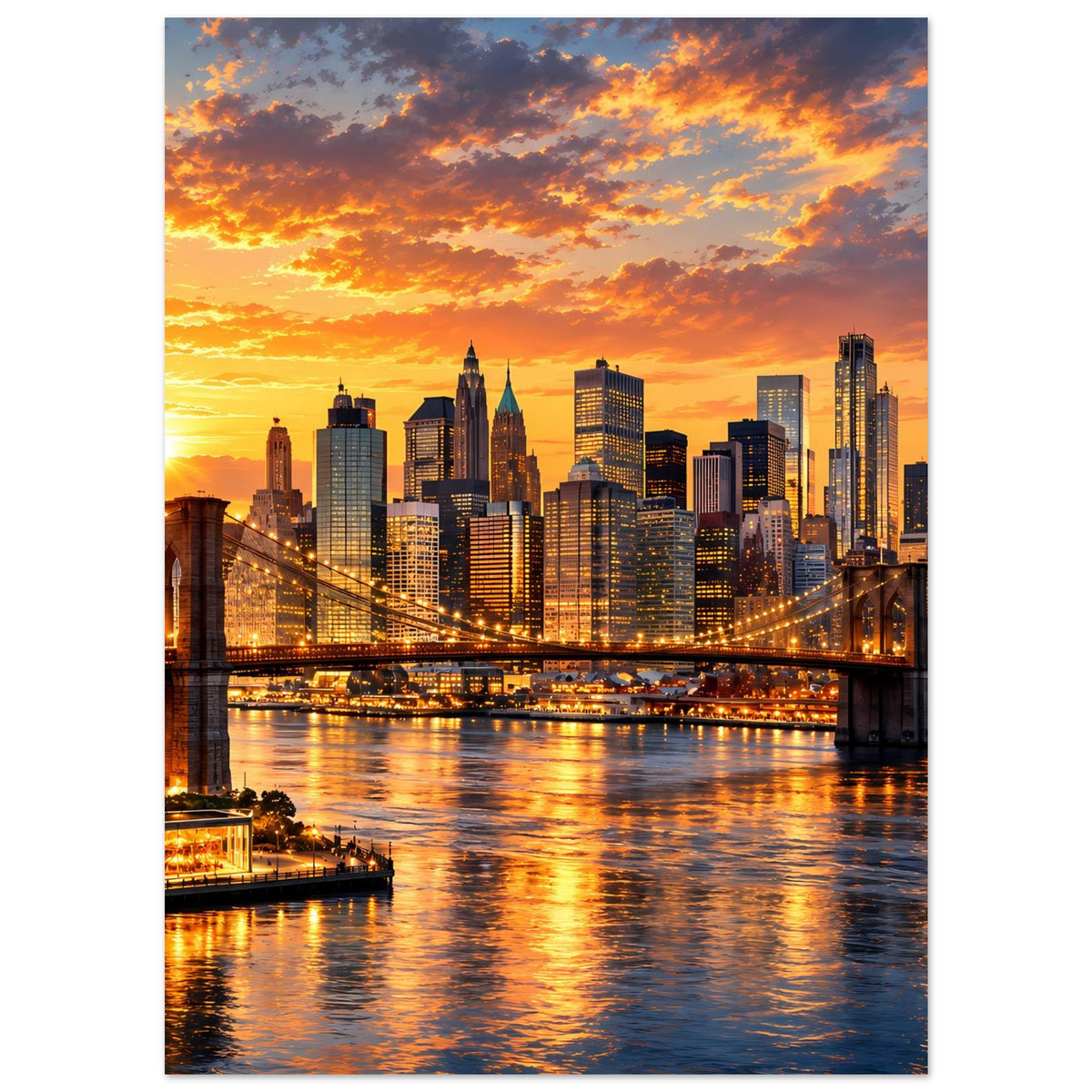 Poster mit Abendhimmel über New-York, Skyline, Hängebrücke und Fluss im Vordergrund