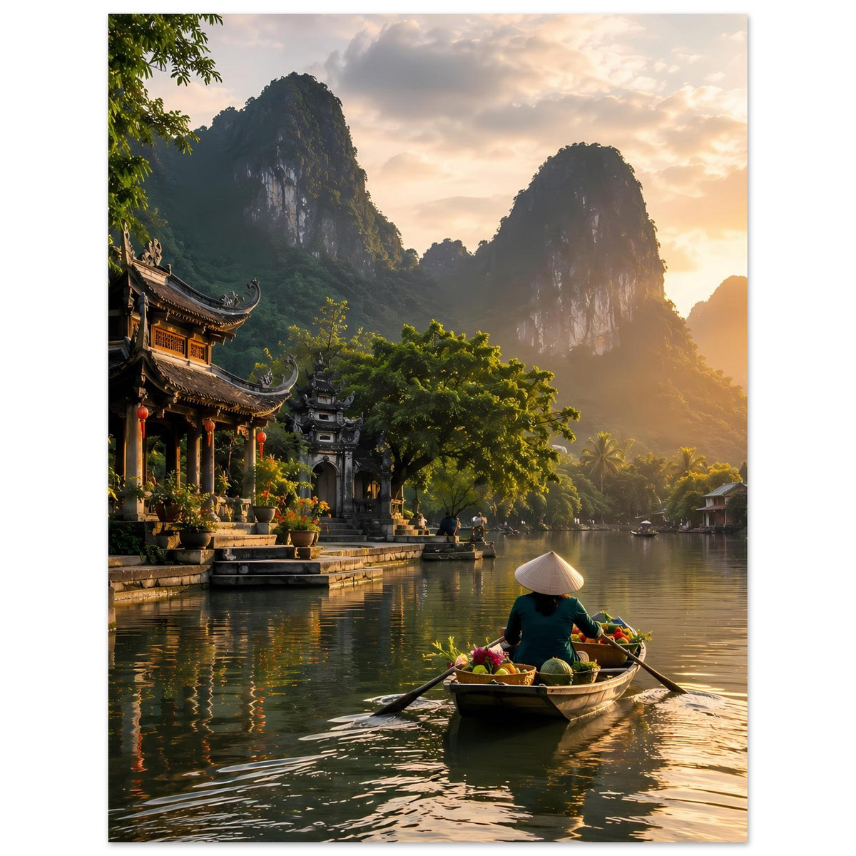 Kunstposter im Hochformat: Uferpromenade, Boot mit Blumenstrauß, Abendhimmel