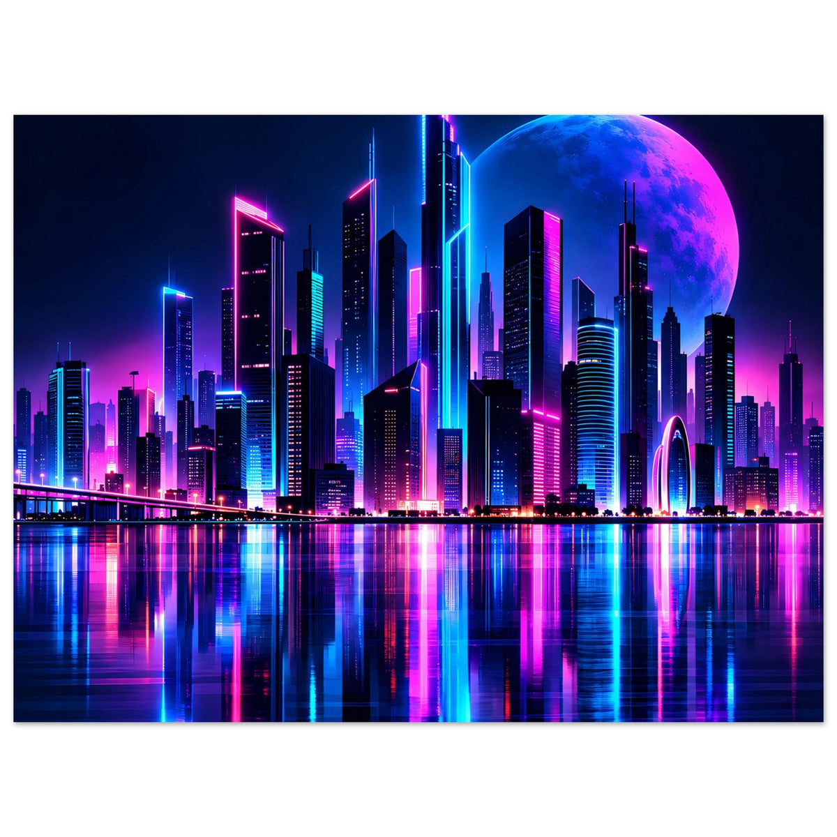 Neon-Stadtposter im Querformat mit leuchtender Skyline, blauer Mondscheibe und farbiger Wasserreflexion