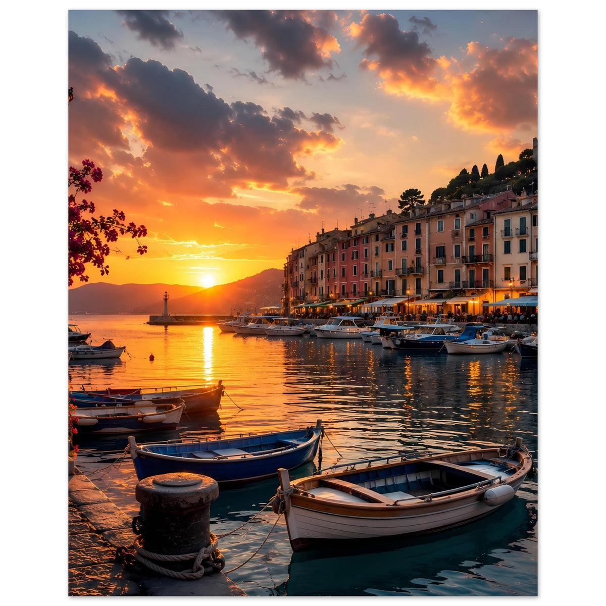 Poster mit Sonnenuntergang über dem Hafen, Boote und Laterne am Ufer