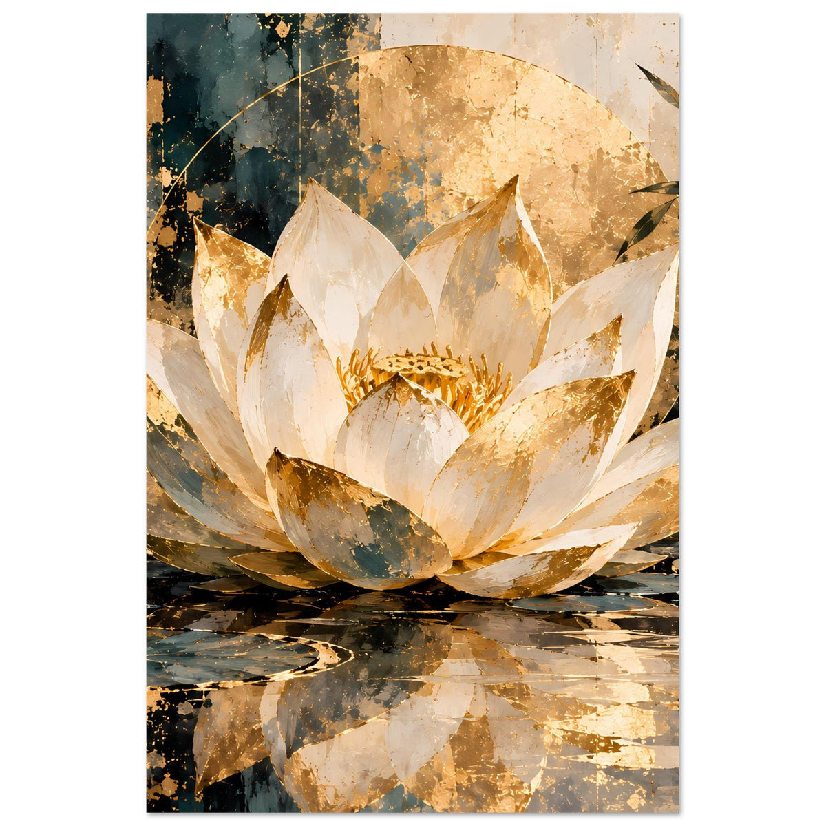 Poster mit großer Lotusblüte in Creme und Gold, mit grünen Blättern rechts