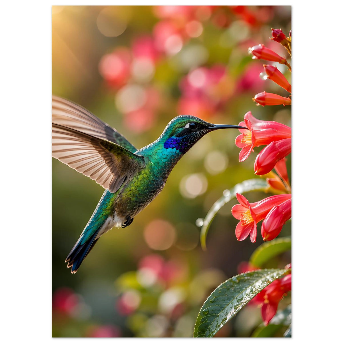 Poster: Kolibri zwischen roten Blüten, türkis/grünes Gefieder mit schwarzem Kopf