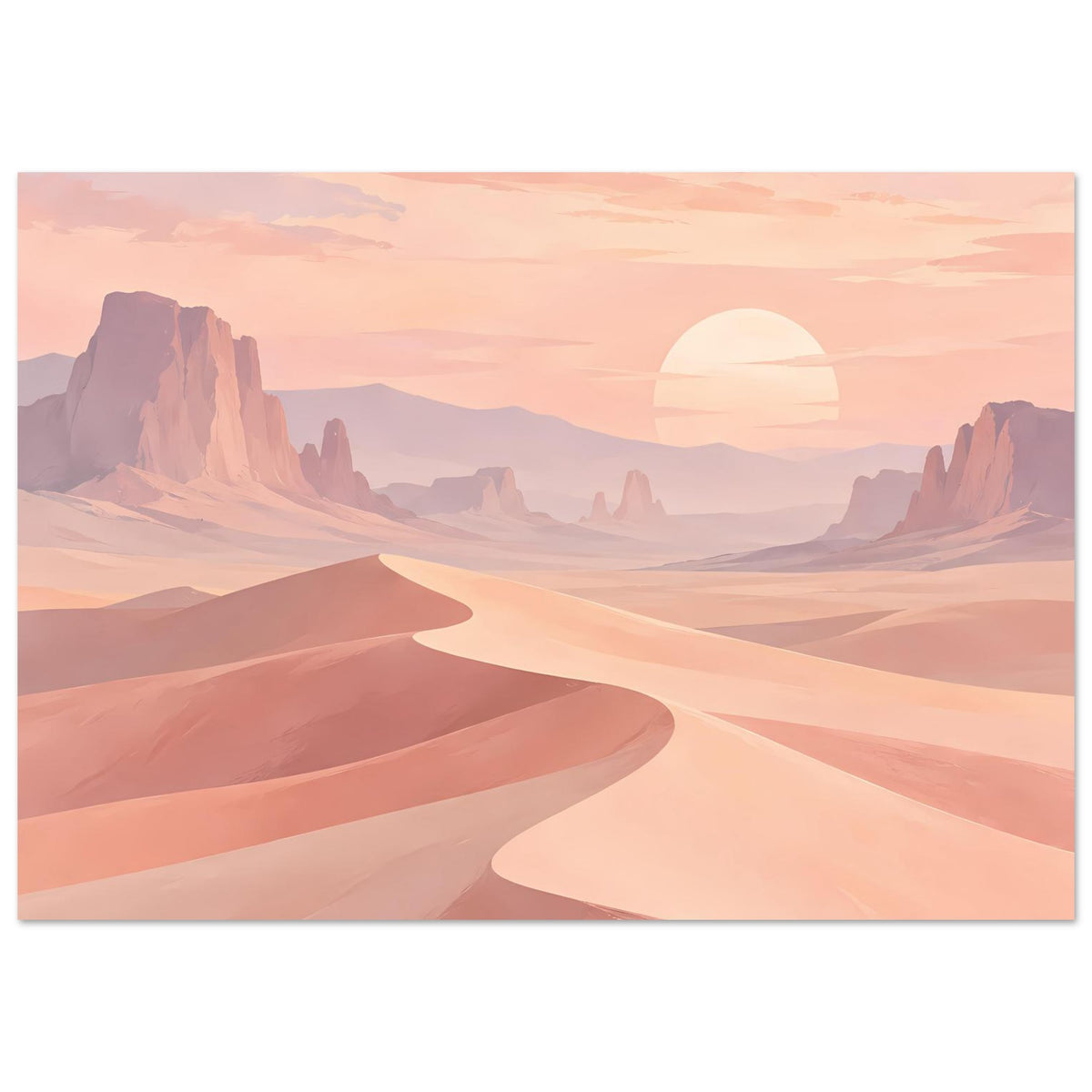 Breitformat-Poster: Pastellwüste mit Sanddünen, untergehender Sonne und Bergsilhouetten