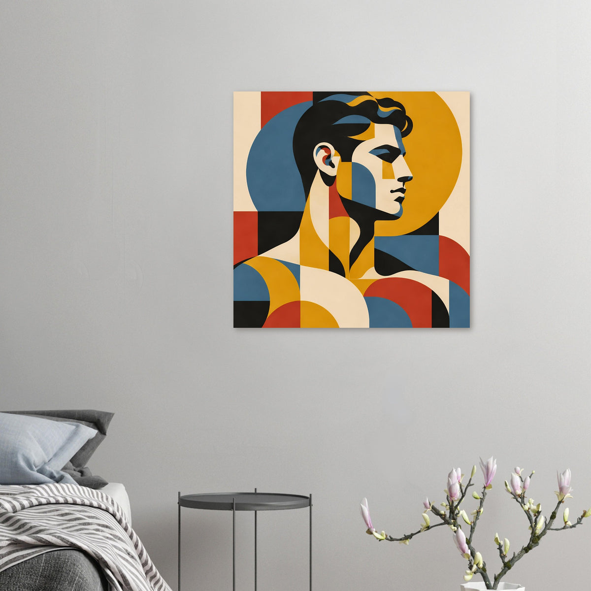 Geometrisches Porträtposter im kleinen Holzrahmen: Profilfrau mit Kreis im Hintergrund