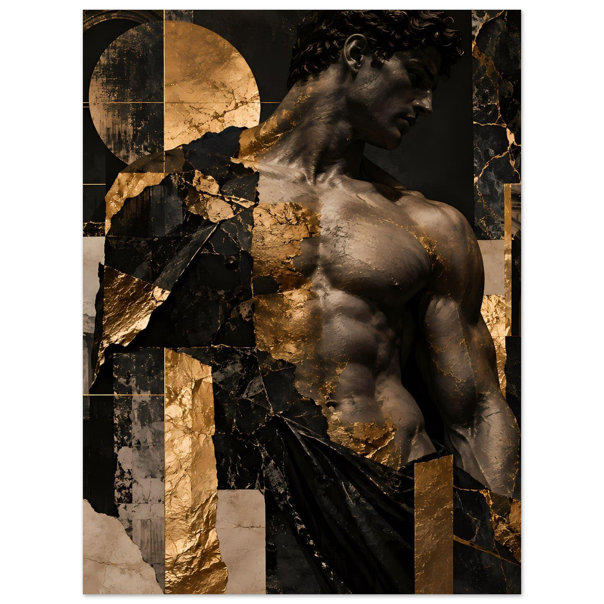 Kunstposter mit antiker Skulptur im Profil, Schwarz und Gold, dekorative Marmorstruktur