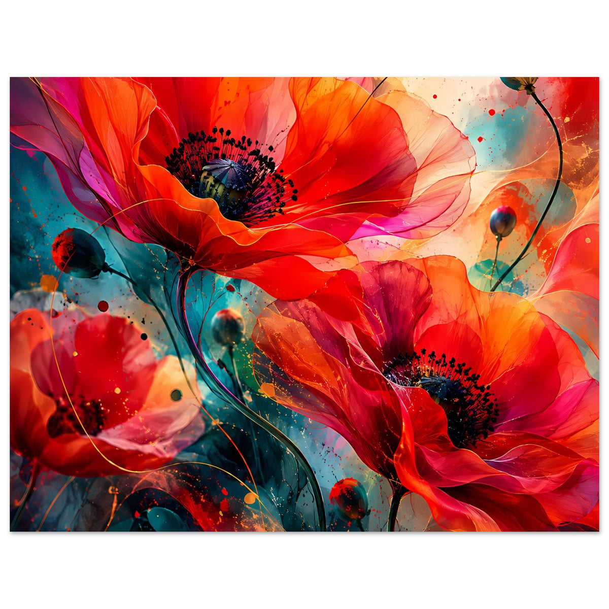Kunstposter mit roten Blüten, türkisblauen Mustern und orangefarbenen Spritzern
