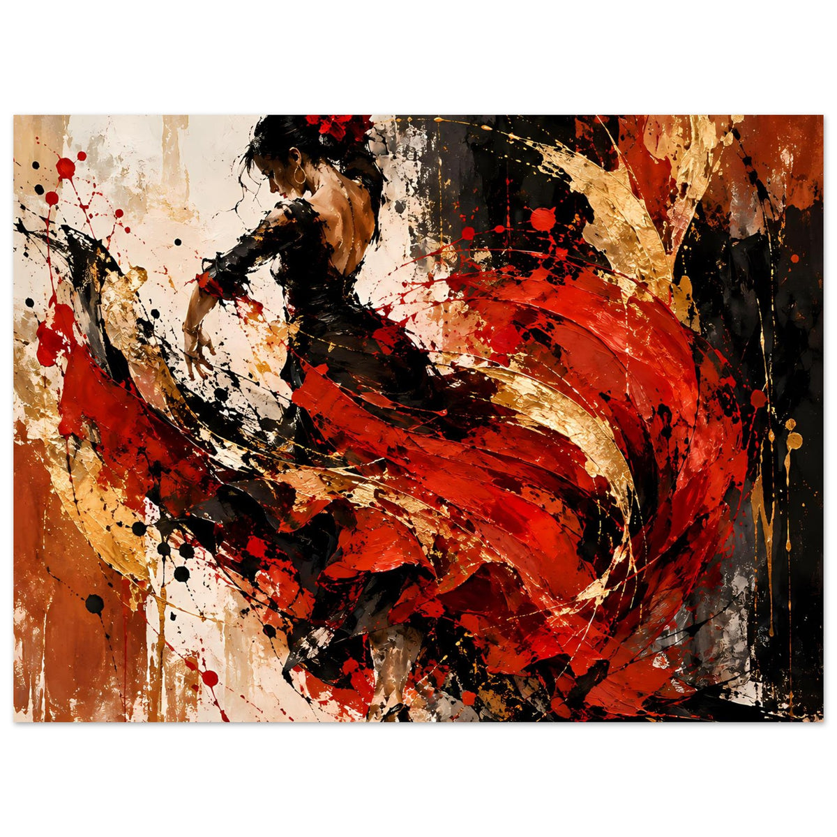 Flamenco-Tanzposter Querformat: Tänzerin in Rot, Gold und Schwarz, gesprenkelt