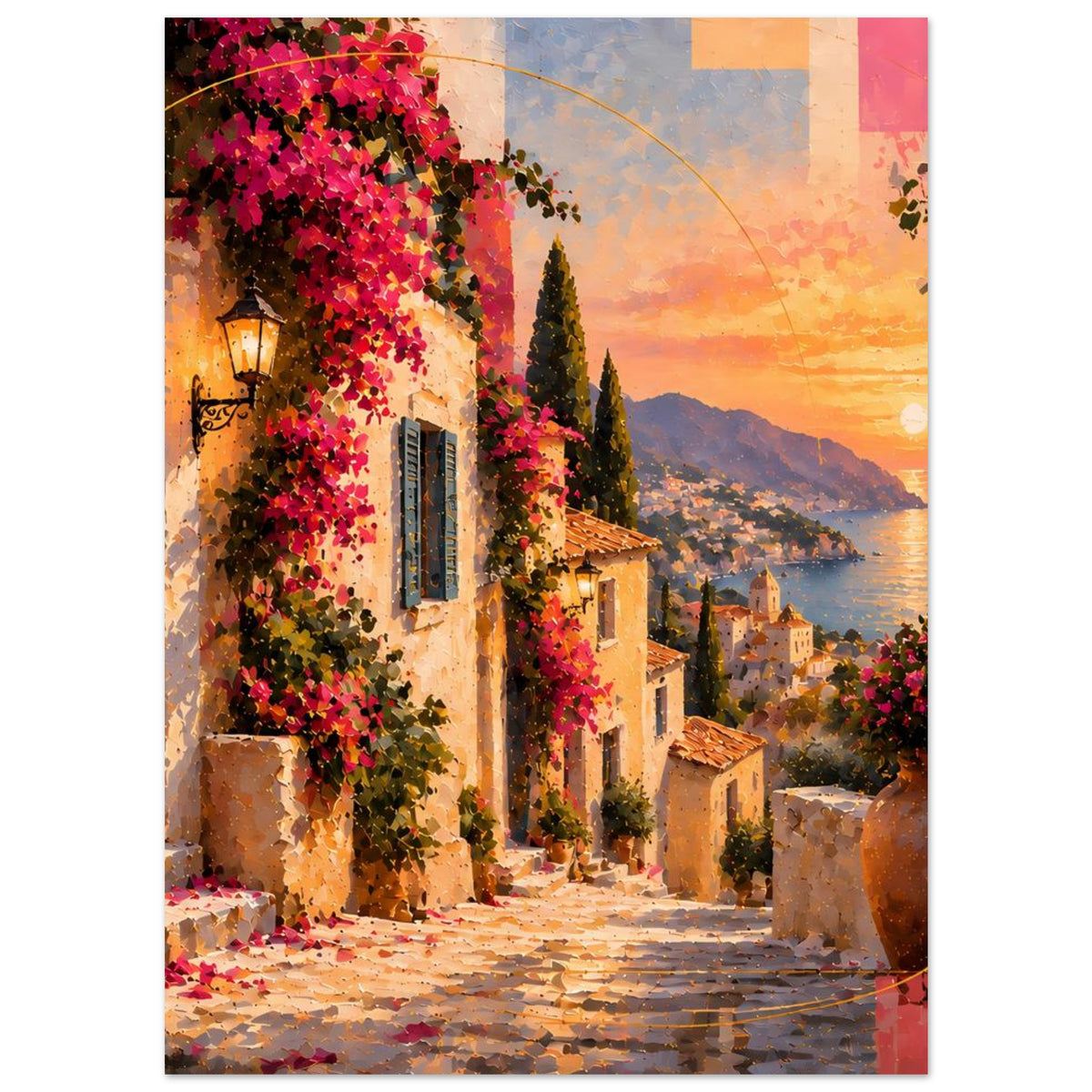 Poster im Hochformat: mediterrane Gasse mit pinken Blüten, Zypressen, Meer und Sonne