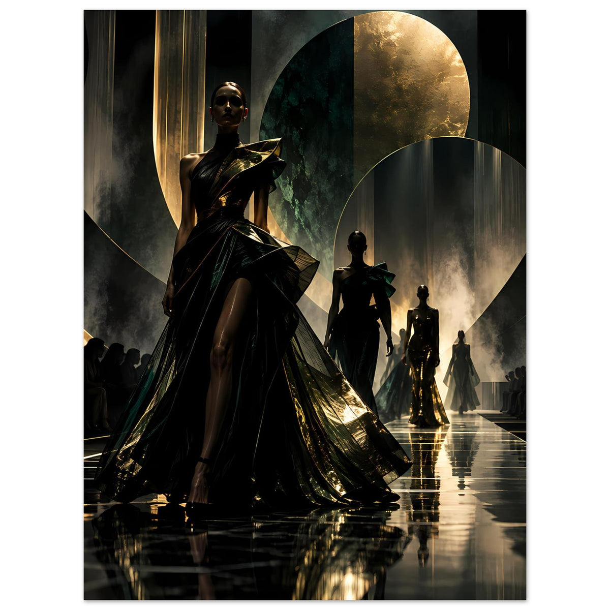 Poster im Hochformat mit Laufstegszene: schwarze, gold schimmernde Robe und stehende Figuren.