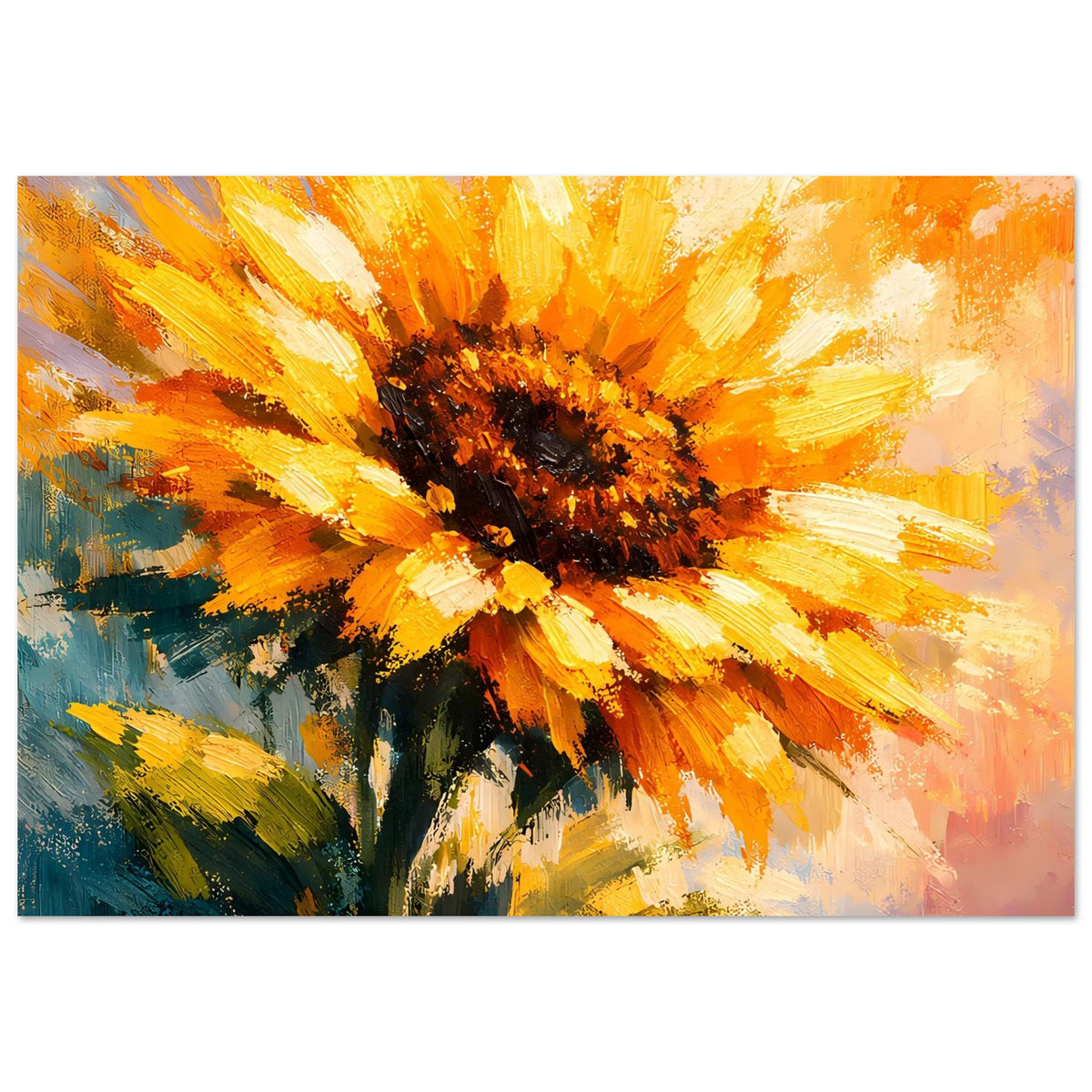 Sonnenblumen-Poster mit gelben Blütenblättern, braun-schwarzer Mitte und kräftigen Farbpinselstrichen