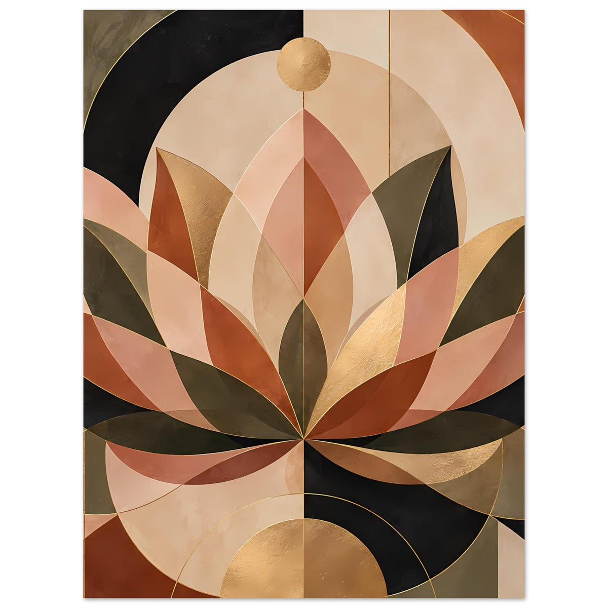 Poster mit geometrischem Lotusmotiv in warmen Erdtönen, Gold- und Schwarztönen, runde Aufhängung oben.
