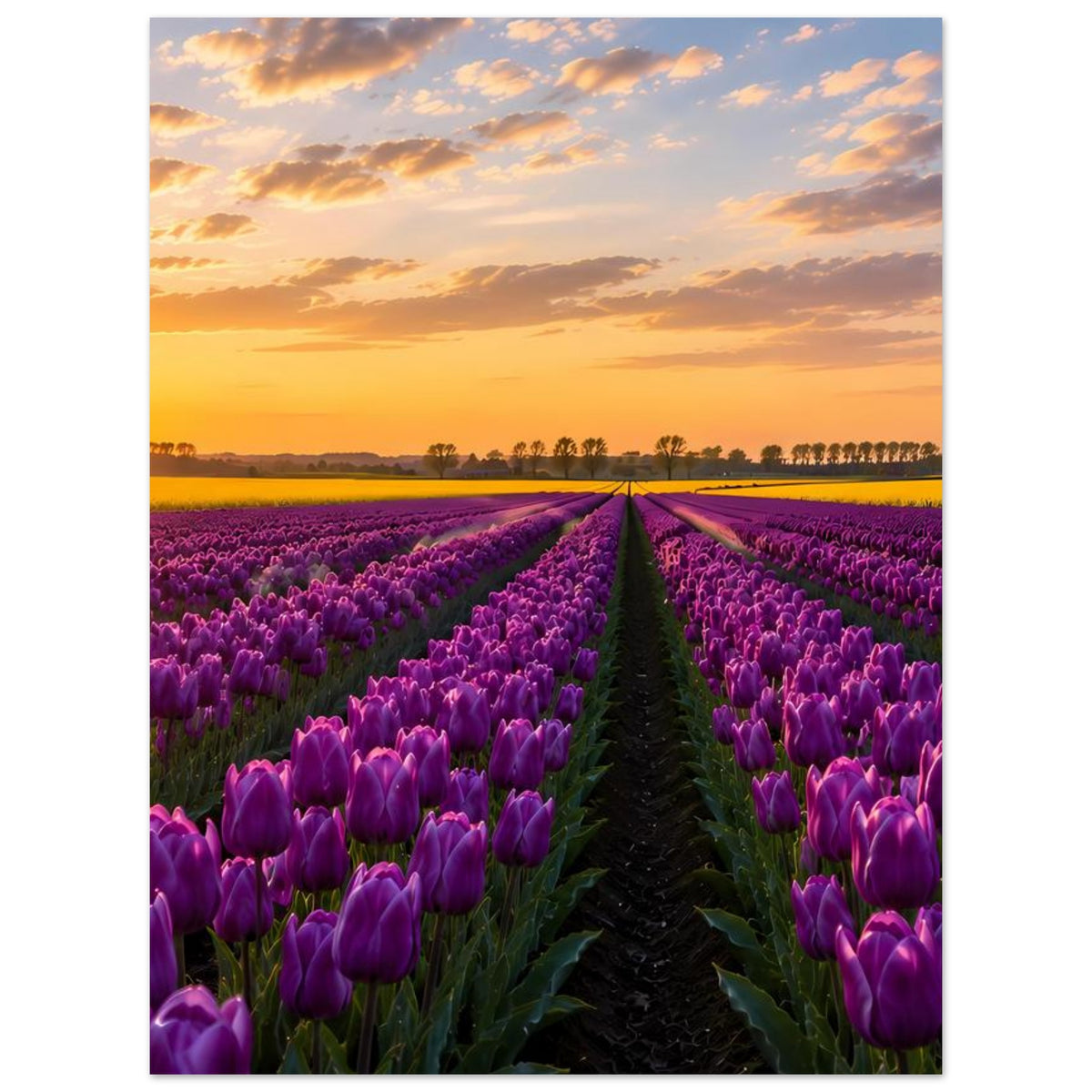 Hochkantiges Poster mit violettem Tulpenfeld im Sonnenuntergang