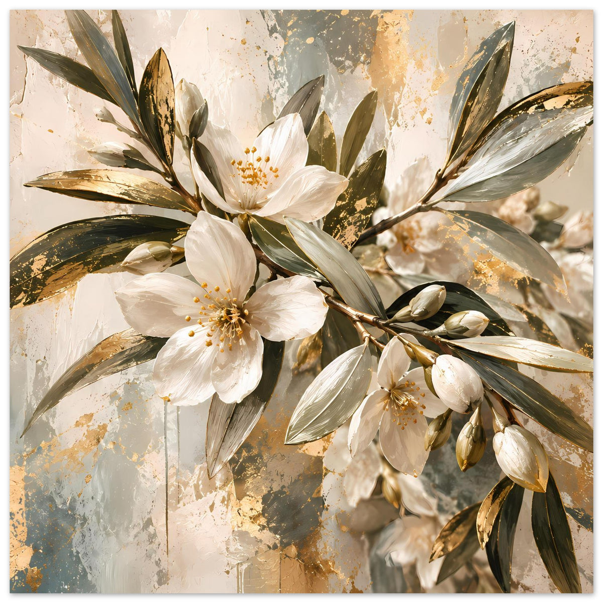 Vertikales Blumenposter mit weißen Blüten, gold umrandeten Zweigen und grünen Blättern