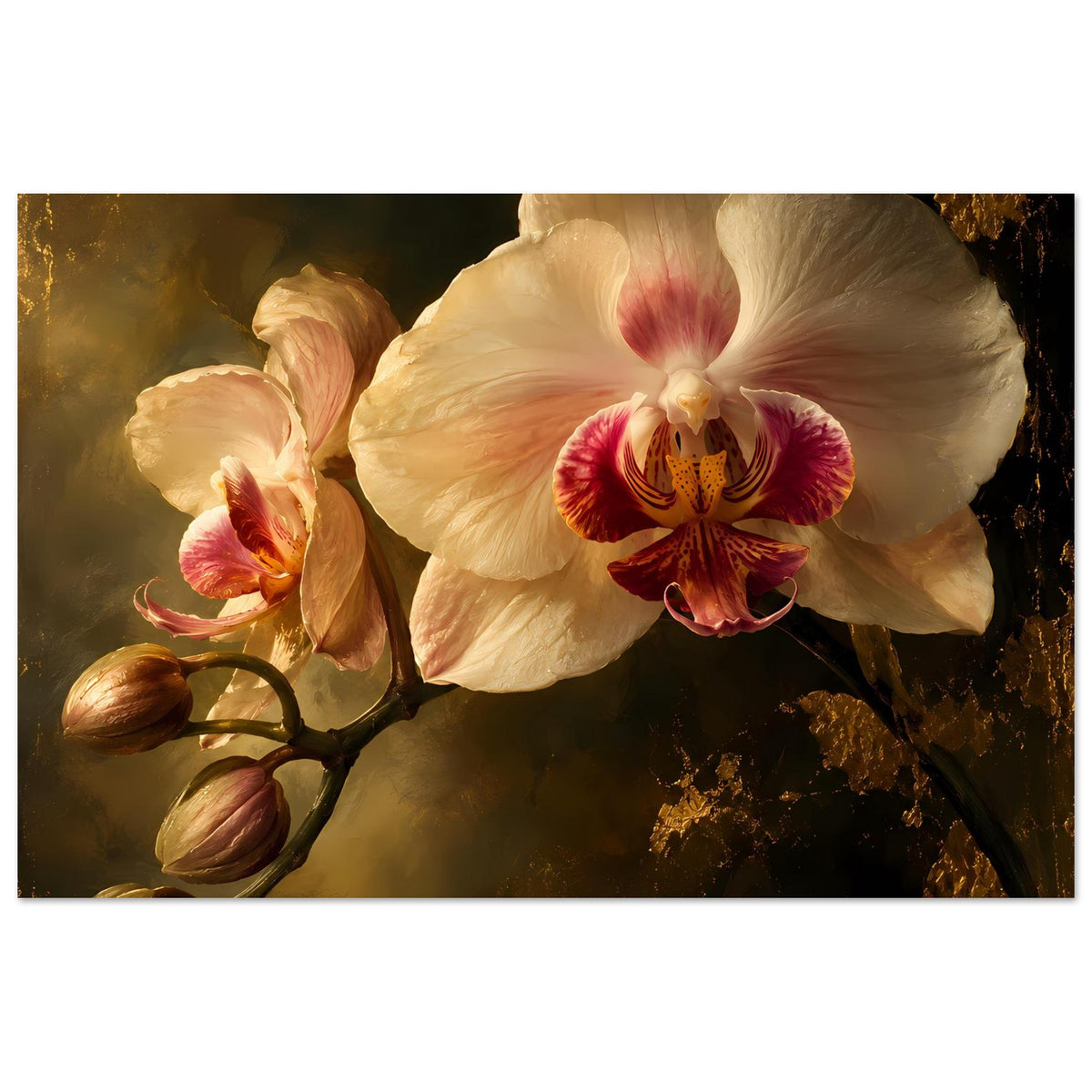 Orchideen-Poster mit cremeweißer Blüte, rotrosa Mitte und goldfarbenen Knospen
