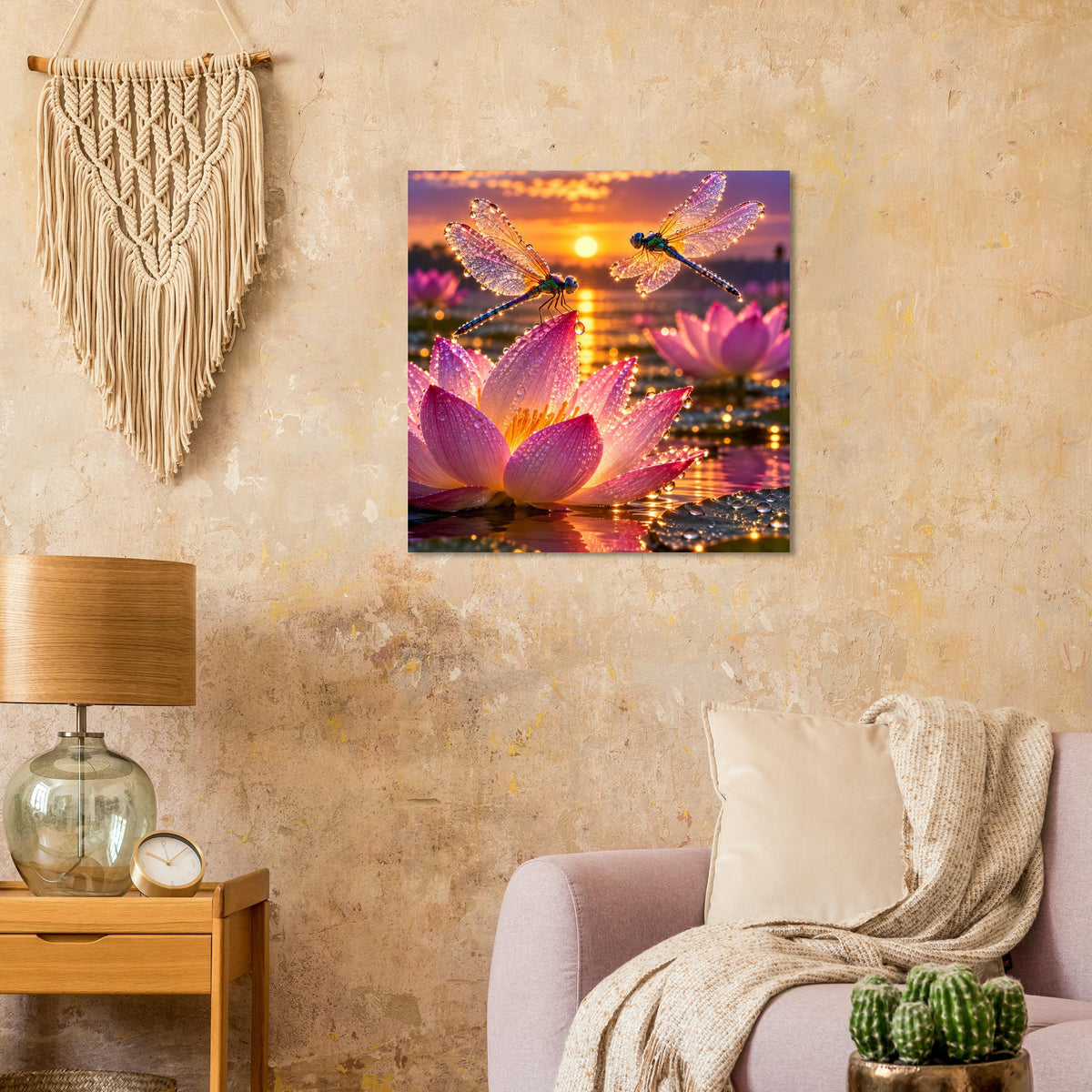 Quadratisches Wandbild mit schimmernden Libellen und pinken Lotusblüten im warmen Licht