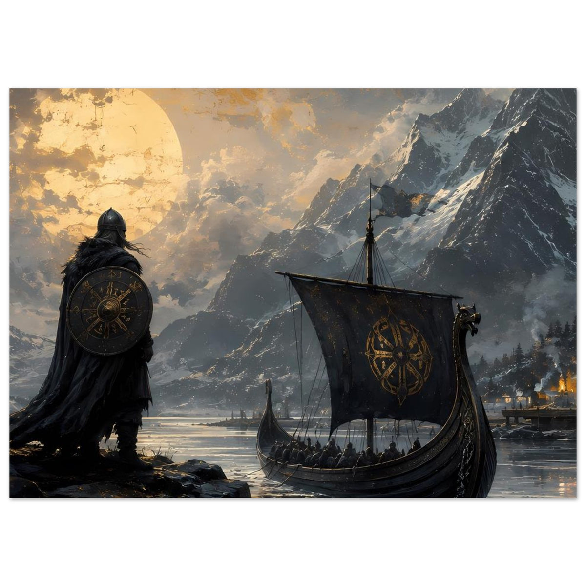 Poster mit Wikingerkrieger, rundem Schild und Drachenboot vor nordischen Bergen