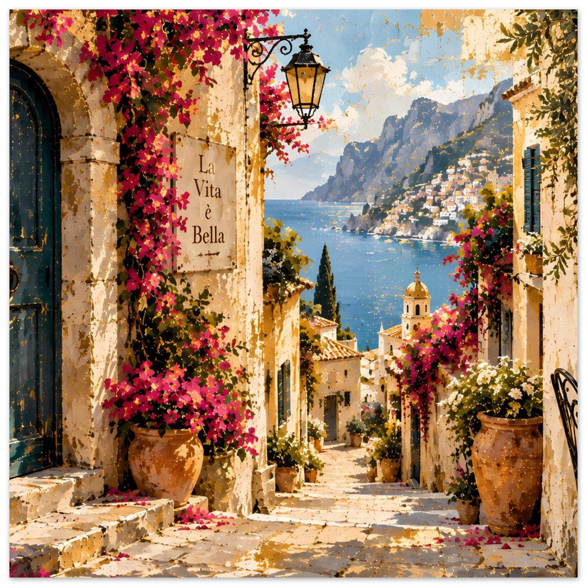 Poster mit sonniger italienischer Gasse am Meer, Blumen und Küstenblick