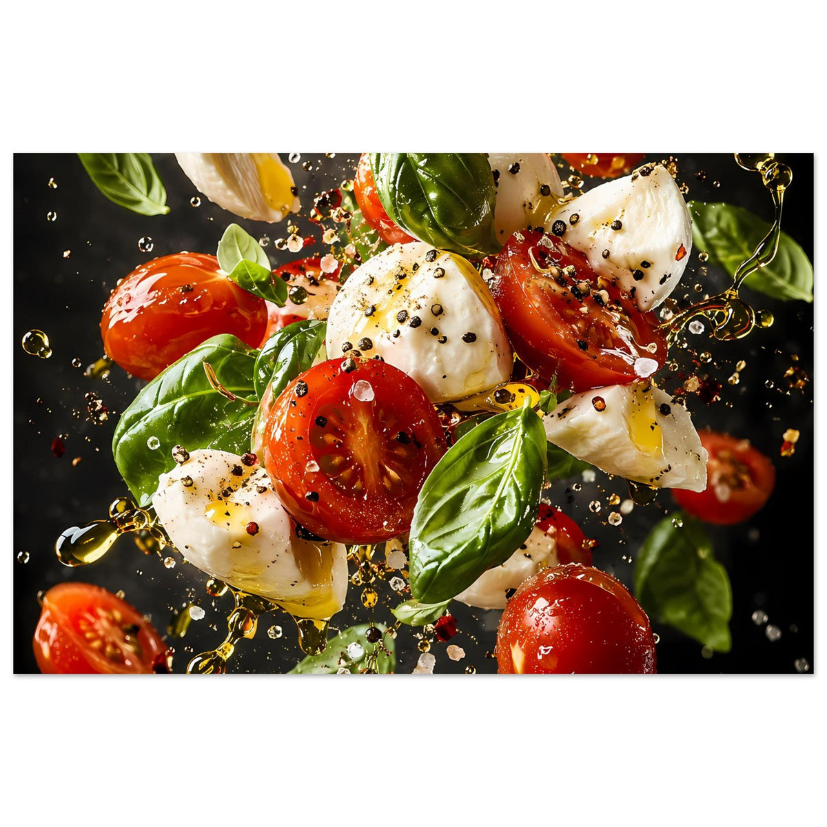 Kunstposter im Querformat mit Caprese-Motiv: Tomaten, Mozzarella, Basilikum und Spritzern