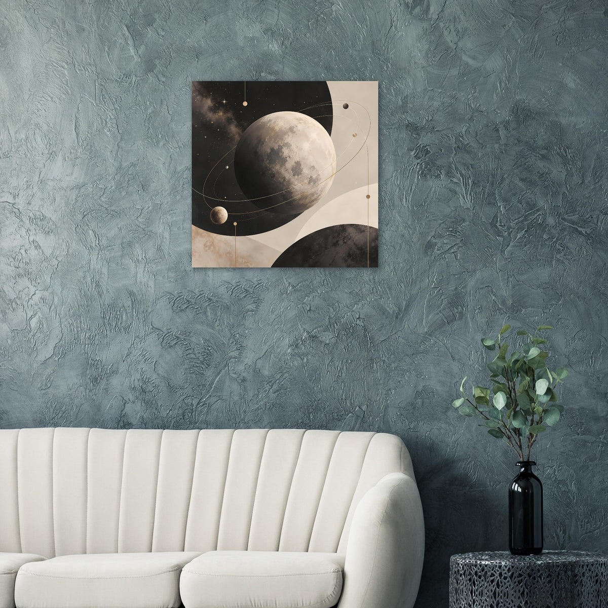 Quadratisches Poster mit großem Mond, Sternen und abstrakten Bahnen in Erdtönen