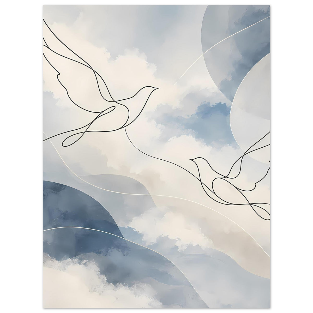 Abstraktes Poster: schwebende Tauben-Skizzen in Schwarzlinien über blauen Wolkenbögen