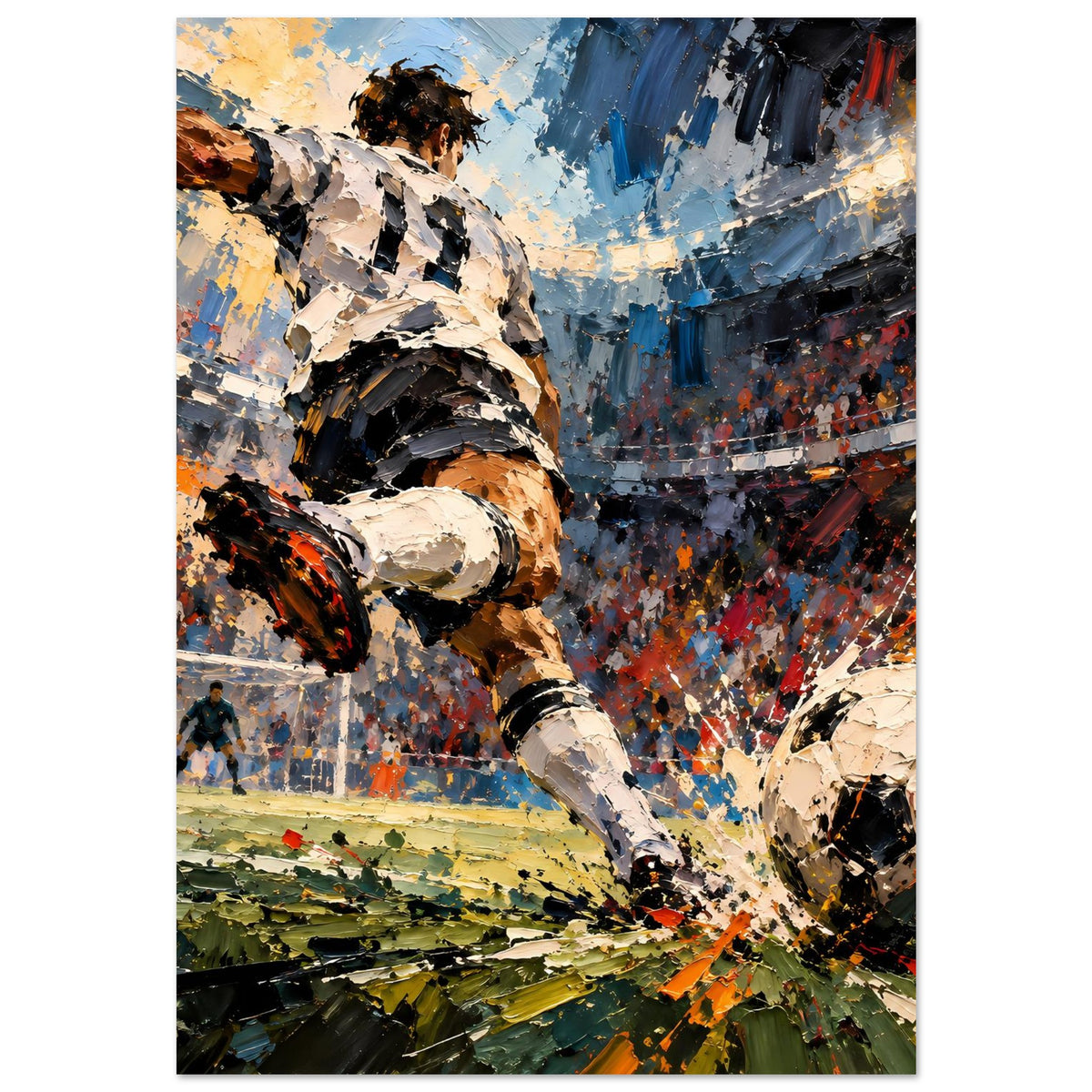 Fußball-Actionposter: Stürmer-Schuss, Torlinie und Crowd, Blau-Schwarz