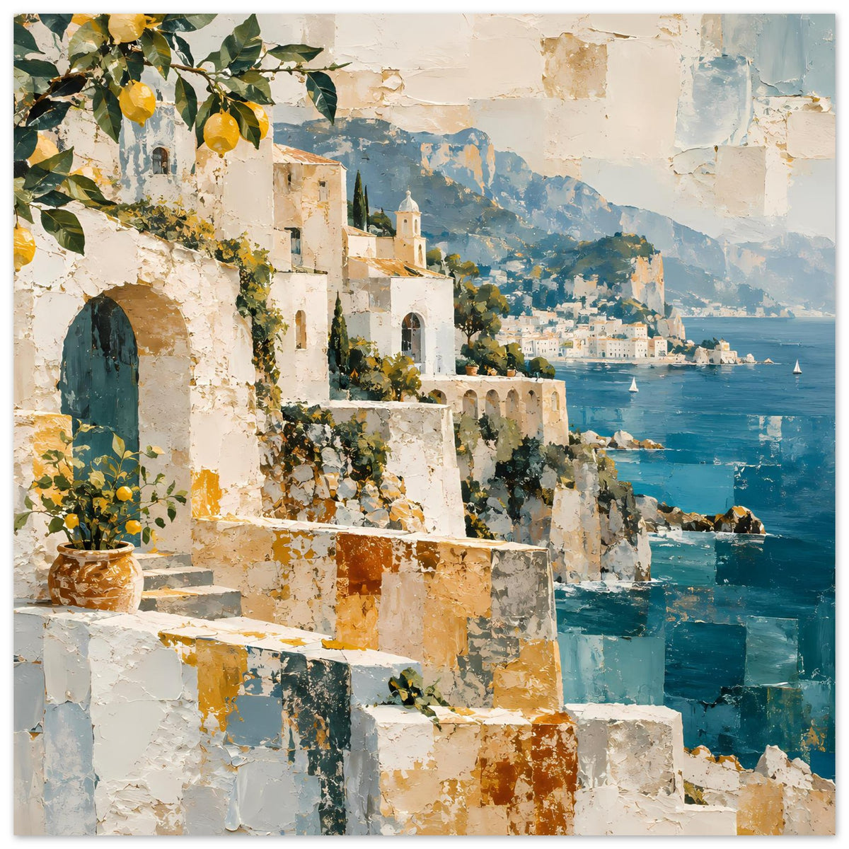 Kunstposter mit mediterraner Küstenlandschaft: Häuserflair, ocker & tiefblaues Wasser