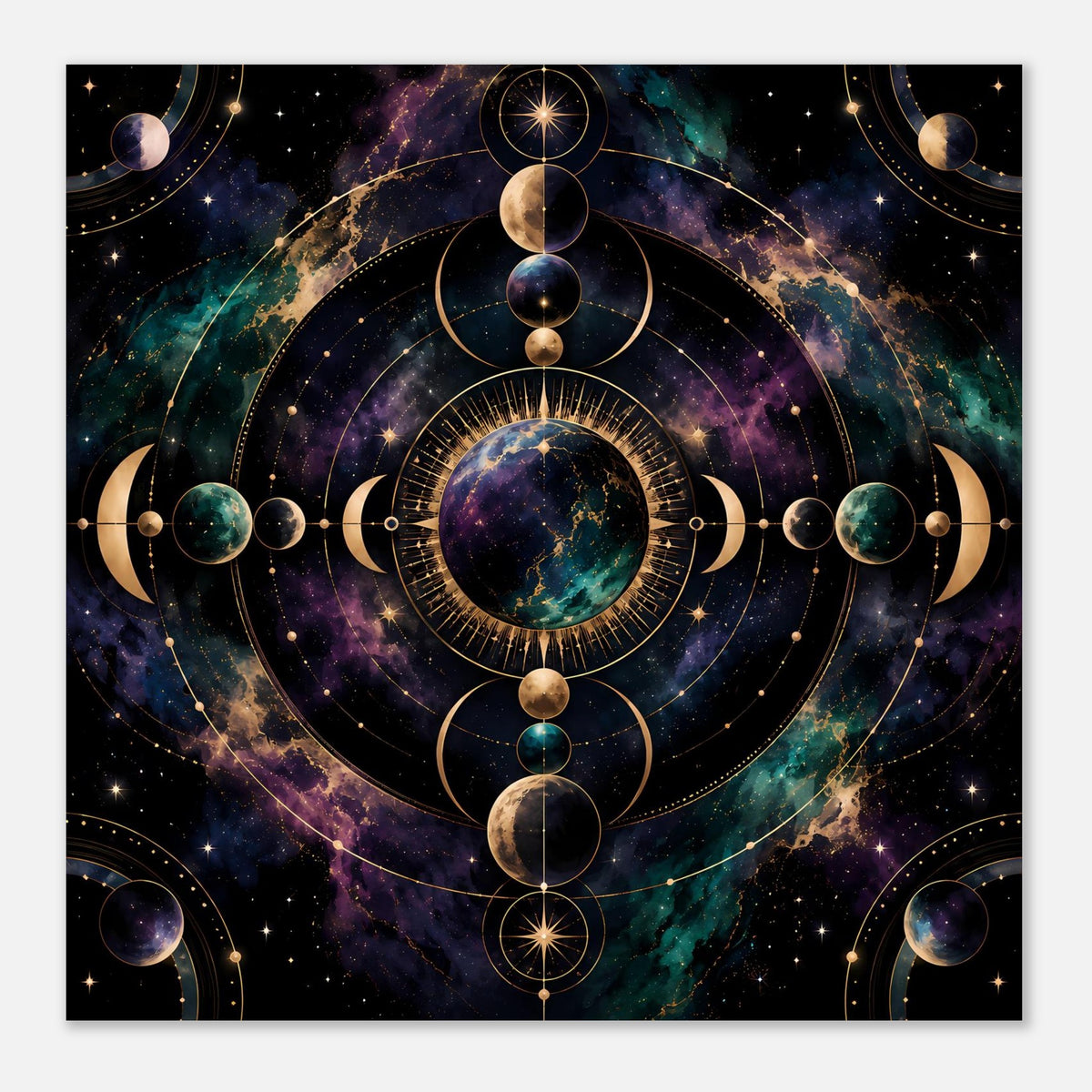 Nahaufnahme eines Wandposters mit kosmischem Mondphasen-Kreisornament und Sternen